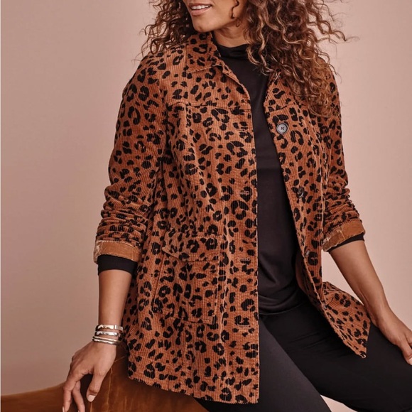 J. Jill Tumbled Cord Coat Brown Leopard Print Corduroy Utility Jacket Size M - Picture 1 of 16